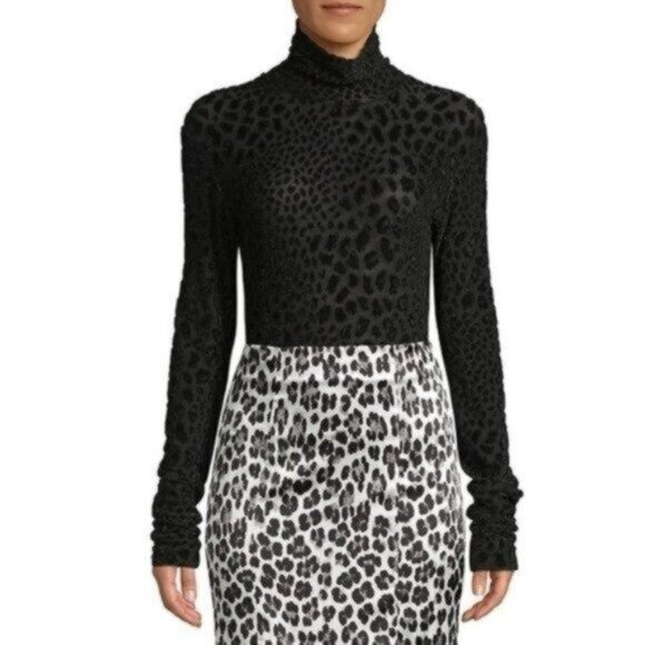 Caroline Constas Delphine Leopard Turtleneck Top XS Black Shimmer Velvet Flocked - Picture 1 of 9